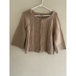 Ana Tan Chunky Knit Cardigan Short Alpaca Blend Sz M 3/4 Sleeves Open Bottom